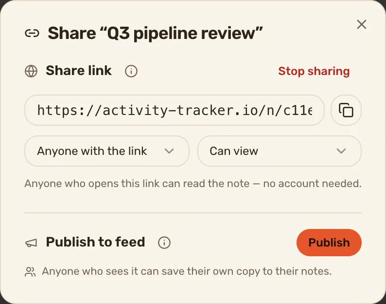 The share dialog on a QA note that already has a link: the address, Anyone with the link and Can view, then Publish to feed. The last step clicks the dialog title so the close button loses its focus ring.