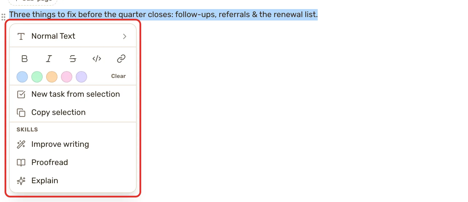 The selection menu open on a paragraph, with New task from selection and Copy selection above the Skills heading and Improve writing outlined under it.