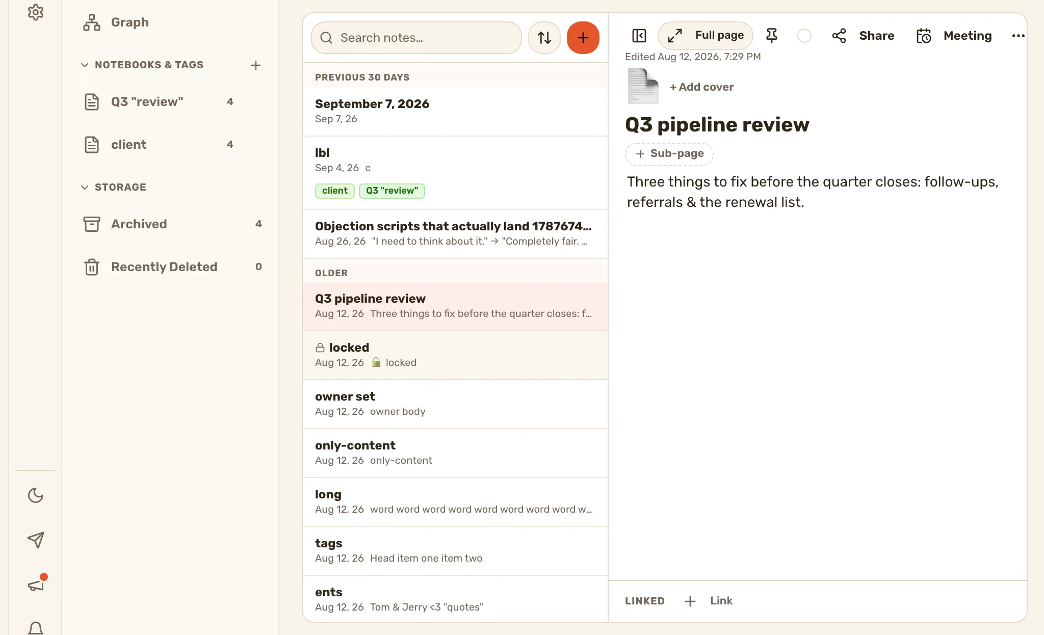 The three-pane notes workspace, with the notebooks on the left, the note list in the middle and a note open on the right.