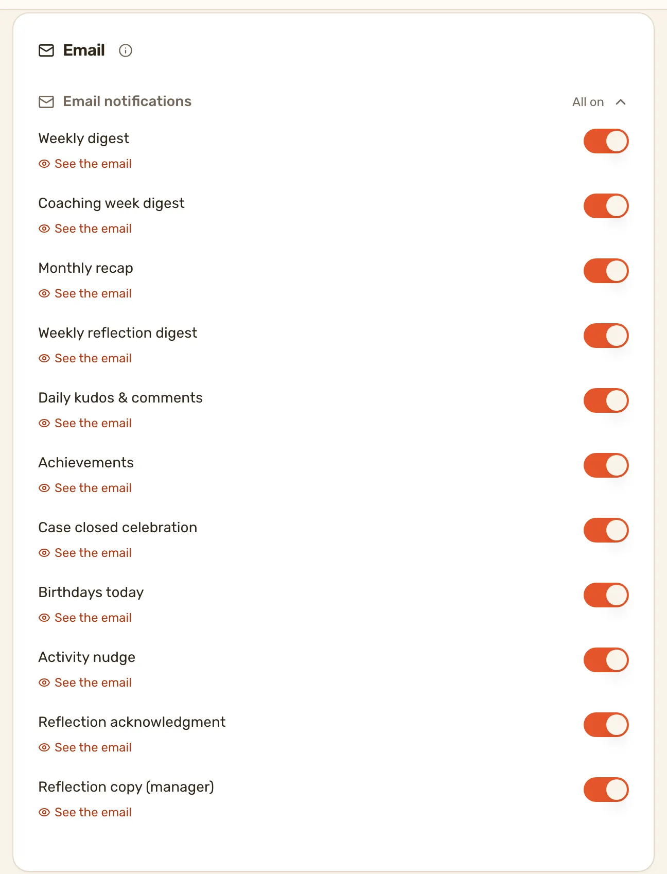 The Email card: a row per email with its switch, and See the email under each.