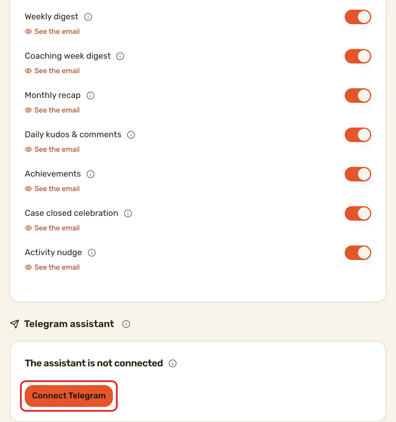 The Telegram assistant block on the Notifications page before the assistant is connected, with Connect Telegram outlined.