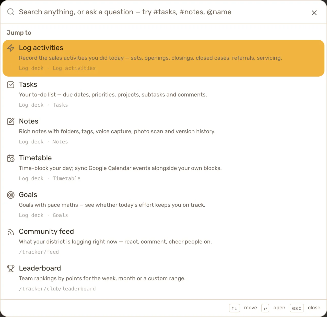 The search box open with nothing typed: Jump to, Create, Account and Try asking.