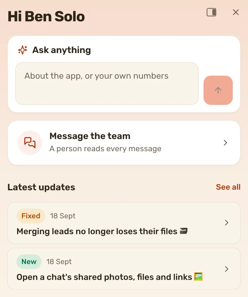 The panel's Home: an Ask anything box, a Message the team card and the two newest updates.