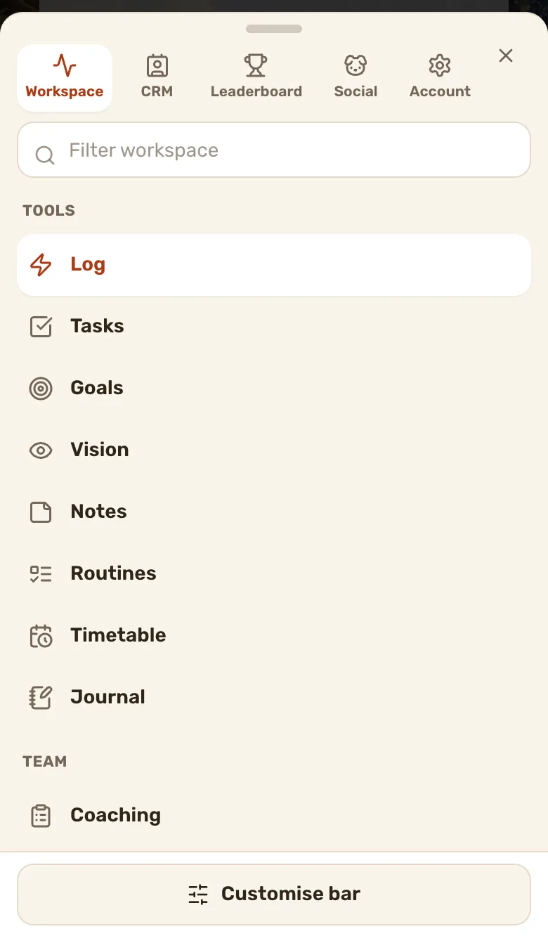 The navigation sheet on a phone, with the section chips across the top and that section's rows underneath.
