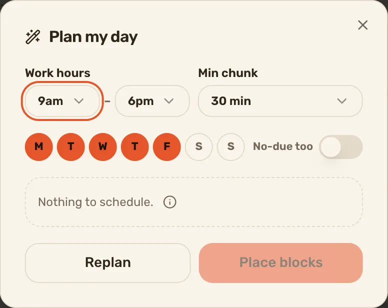 The Plan my day window, with the work-hour fences and the minimum chunk above the weekday letters and the proposal.