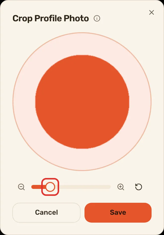 The Crop Profile Photo dialog with the zoom slider outlined.