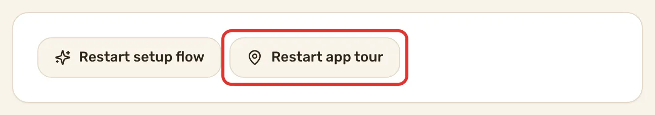 The Onboarding card on My preferences, with Restart setup flow and Restart app tour outlined.