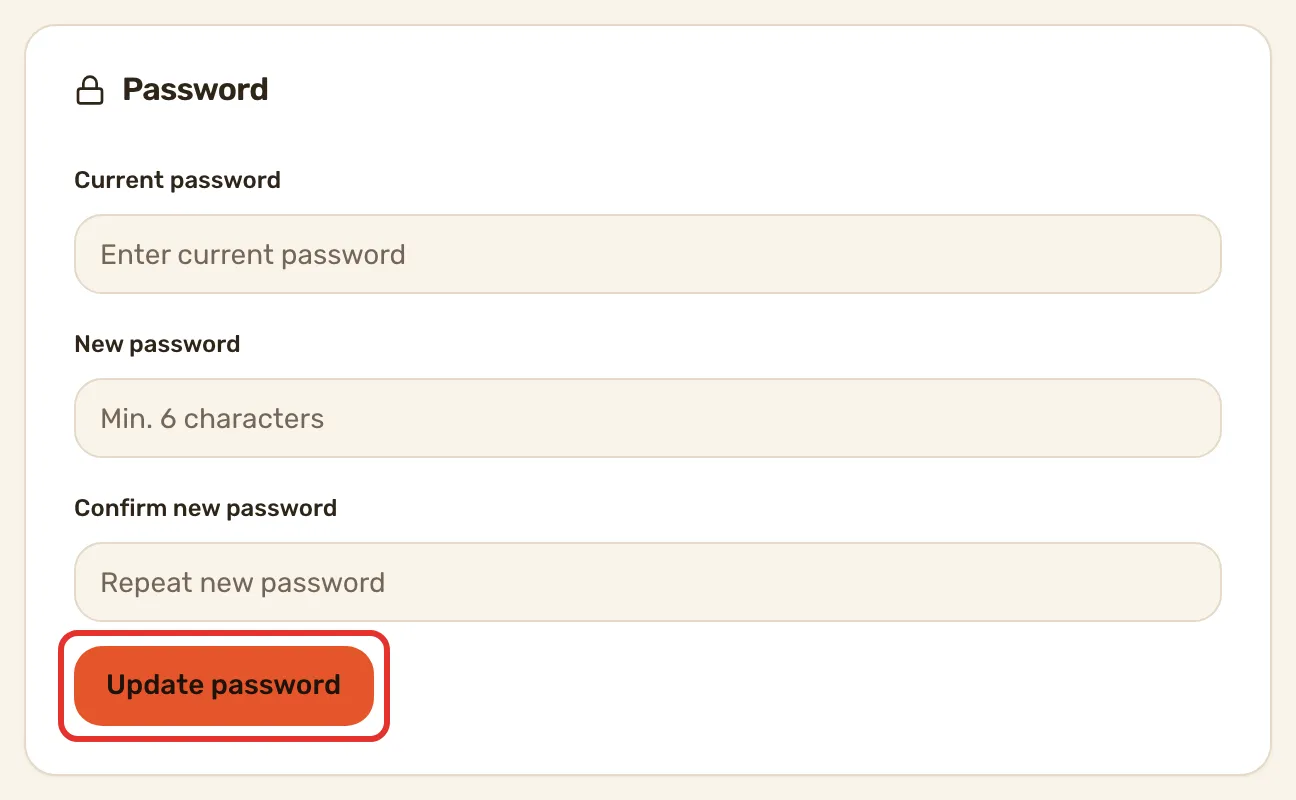 The Password card under Privacy and security: Current password, New password, Confirm new password, and Update password outlined.
