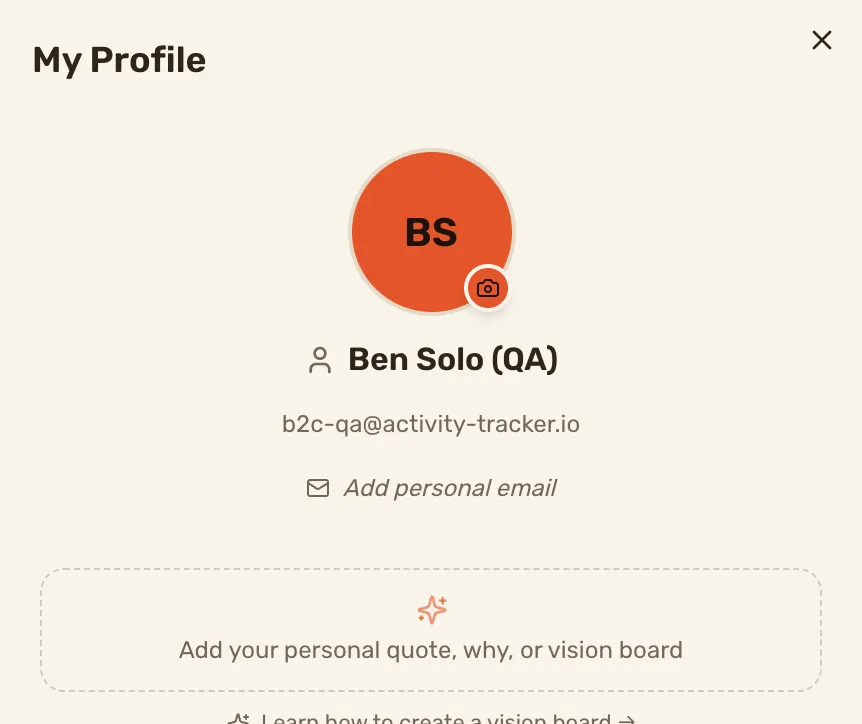 The top of My Profile: the photo with its camera badge, the name, the login email, Add personal email and the quote box.