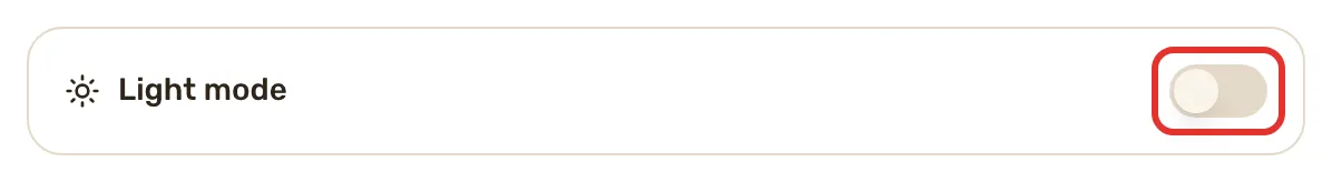 The Appearance card on My preferences with the Light mode switch outlined.