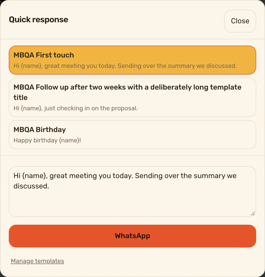 The Quick response sheet with a template picked, the message it writes in the box, and the channel button under it.