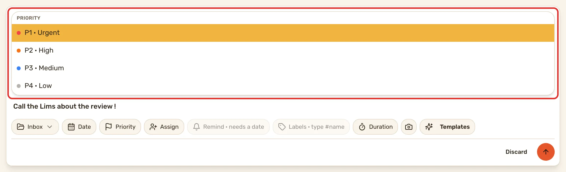 The token list open above the title box after an exclamation mark, headed Priority, with the four priorities to pick from.