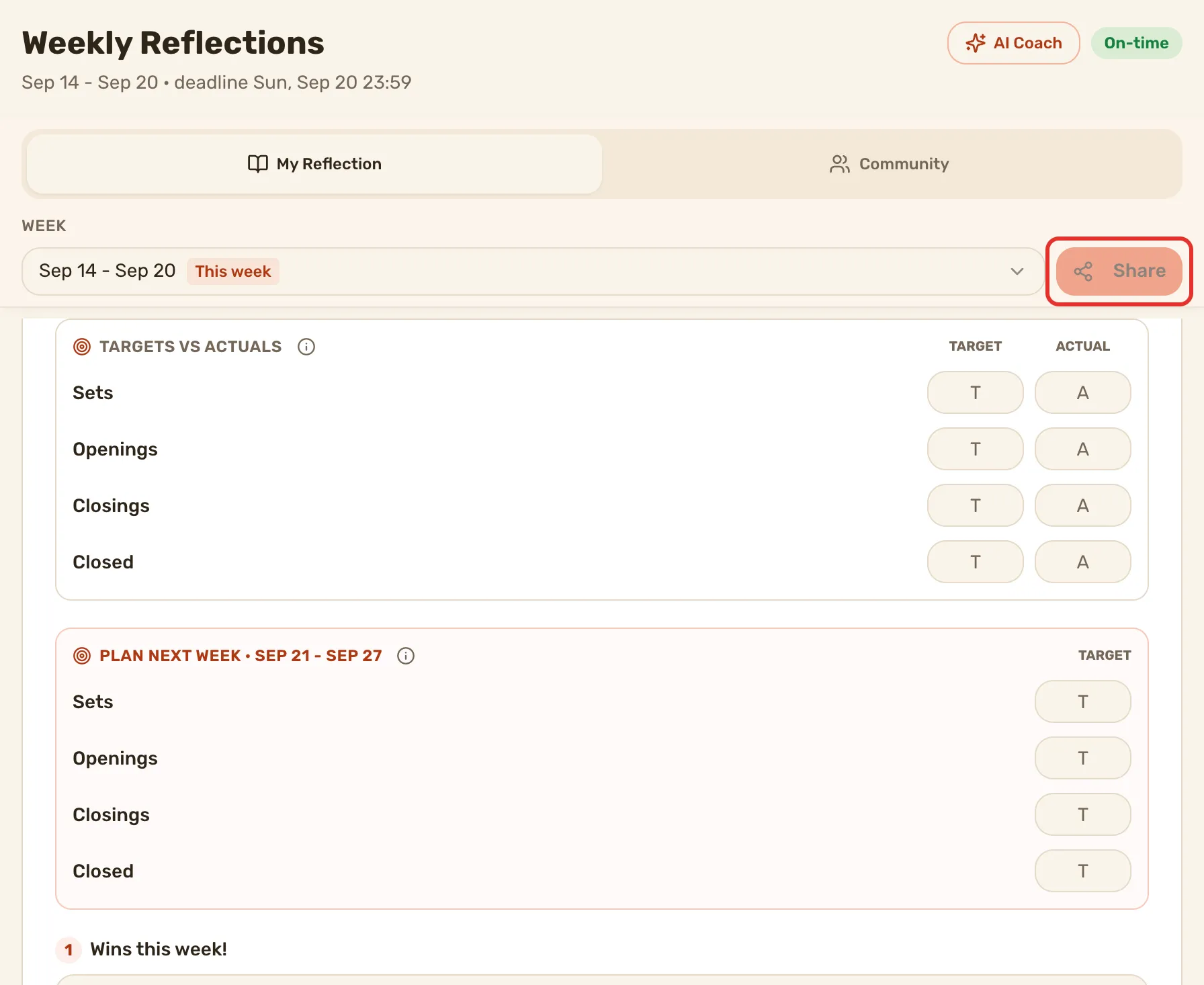 The My Reflection tab, scrolled so Targets vs actuals sits under the pinned week picker and Share, with the first question below. Share outlined.