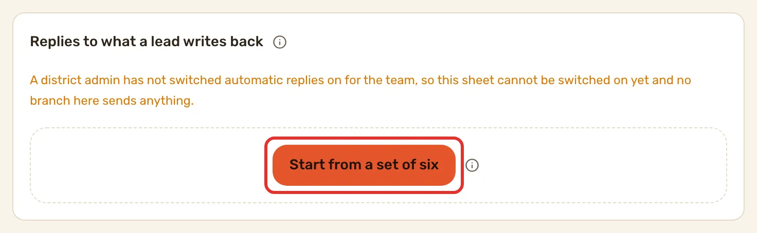The Replies to what a lead writes back panel with no branches yet, the line saying the district switch is off, and Start from a set of six outlined.
