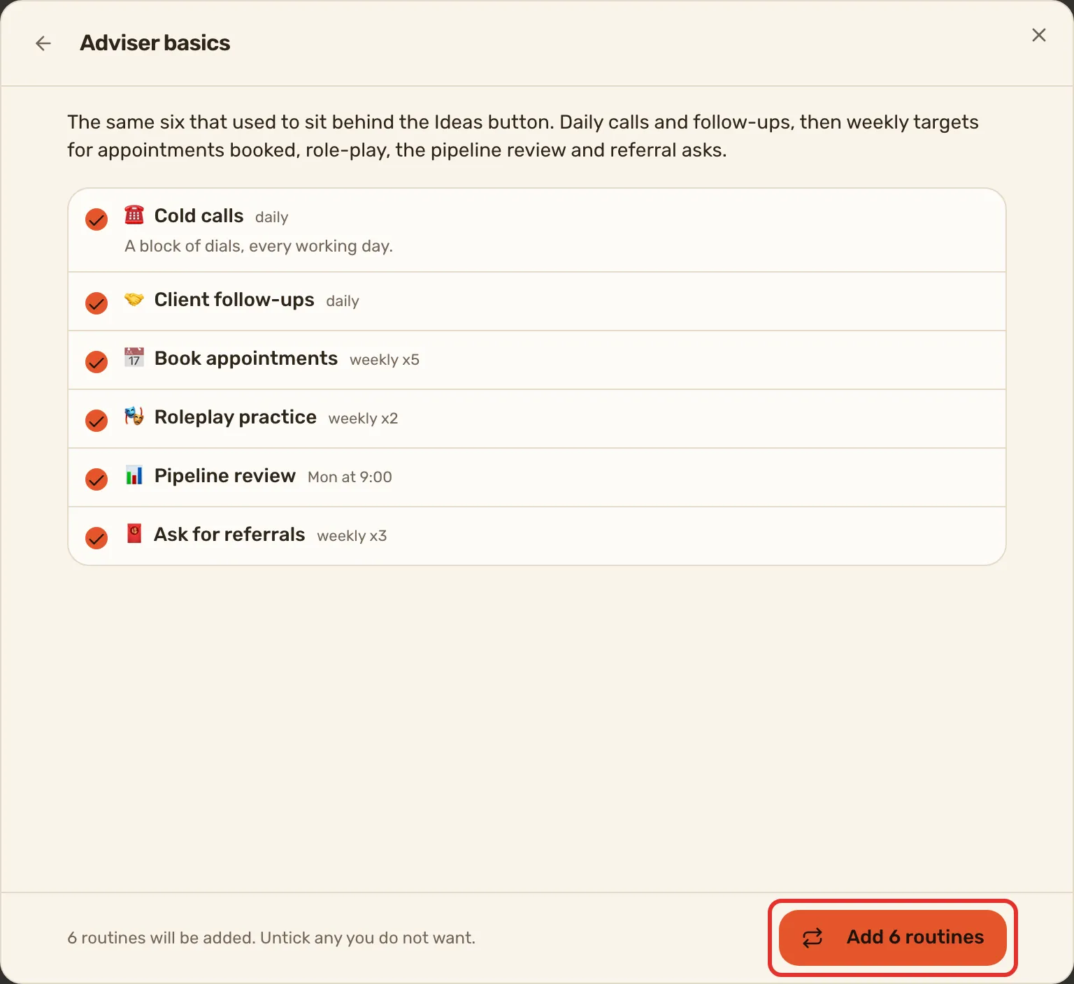 A pack open, with a ticked row per routine and the add button outlined at the bottom.