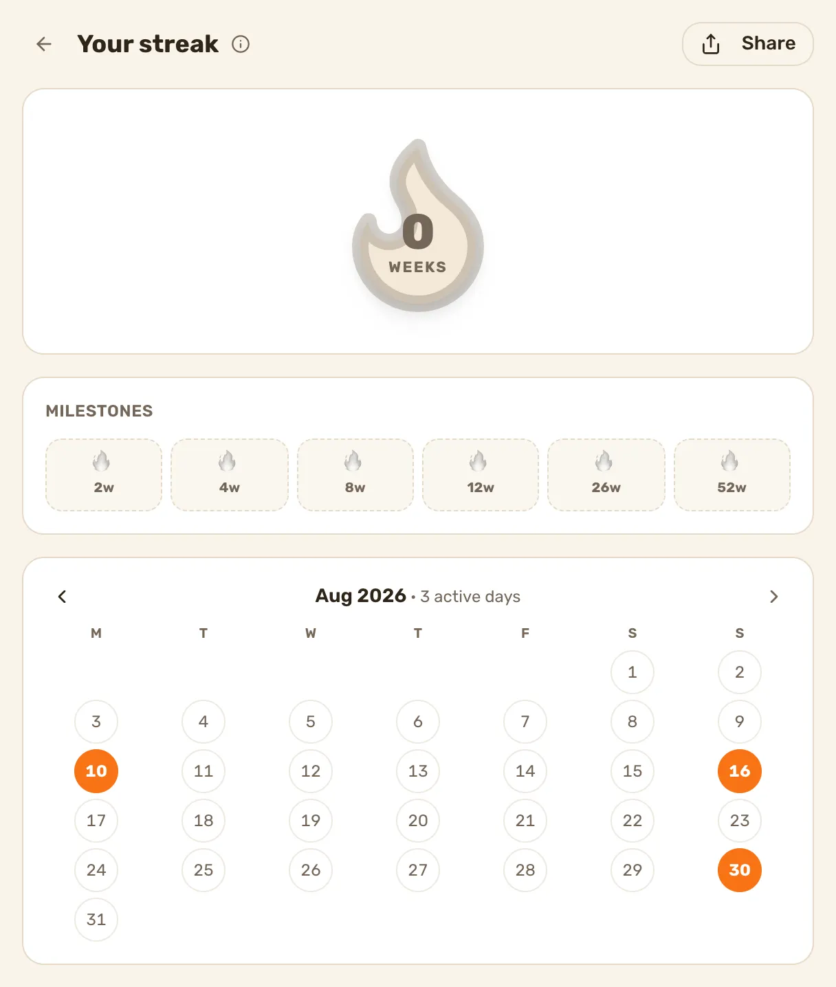 Your streak: the flame and week count, the milestones row and the month calendar, stepped back to August so the calendar has active days.