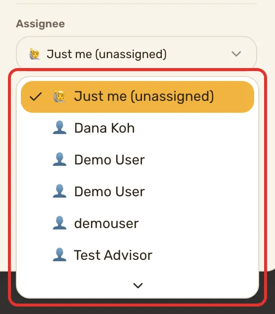 The Assignee picker open in the task editor, with Just me (unassigned) ticked and the teammates listed under it.