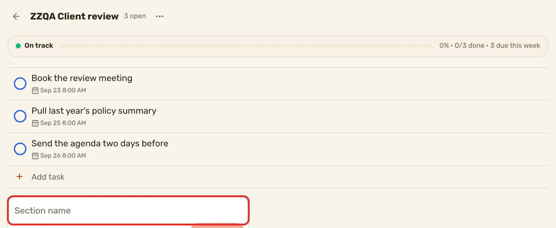 The ZZQA Client review project with its three tasks, and the Add section divider at the foot opened into its name box, outlined.