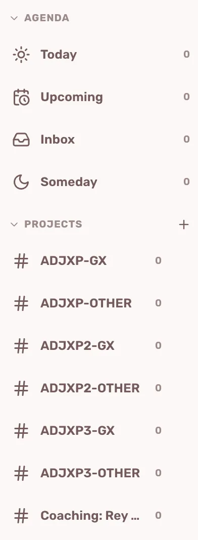 The Tasks rail, with the agenda views and their counts above the list of projects.