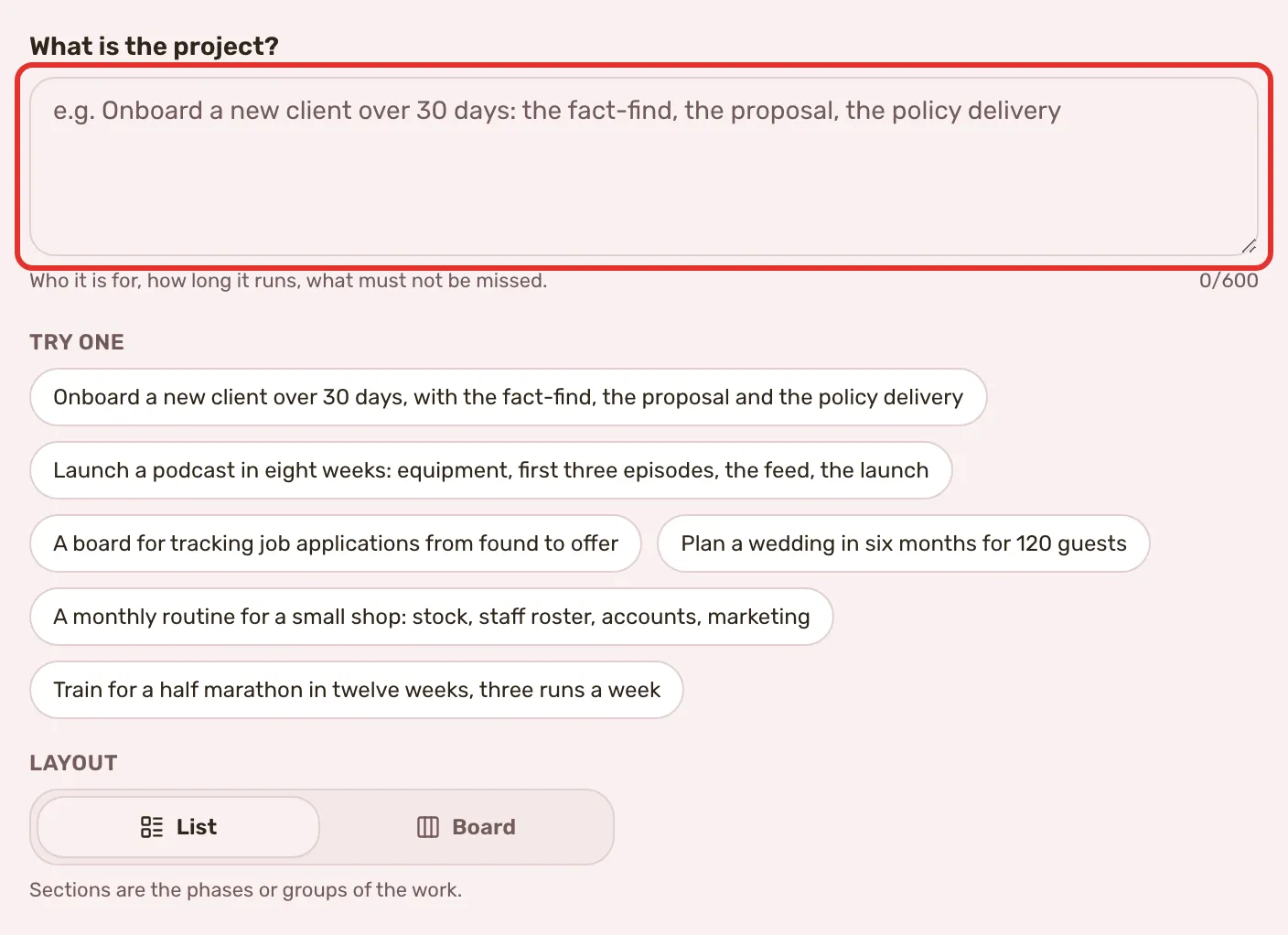 Make one with AI: the description box outlined, the example prompts under it and the List or Board choice.