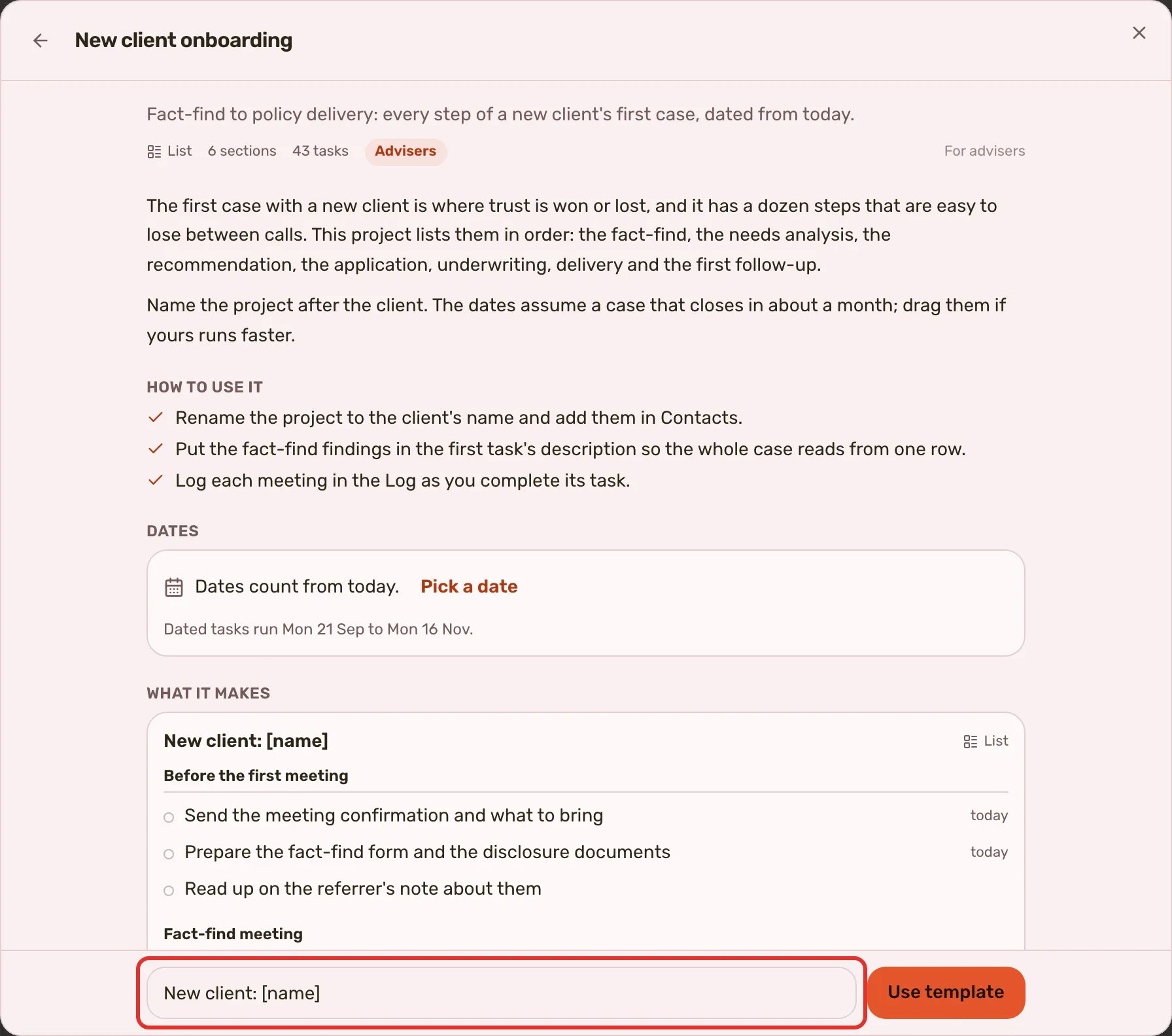 A template open, with the outline under What it makes and the project name field outlined beside Use template.