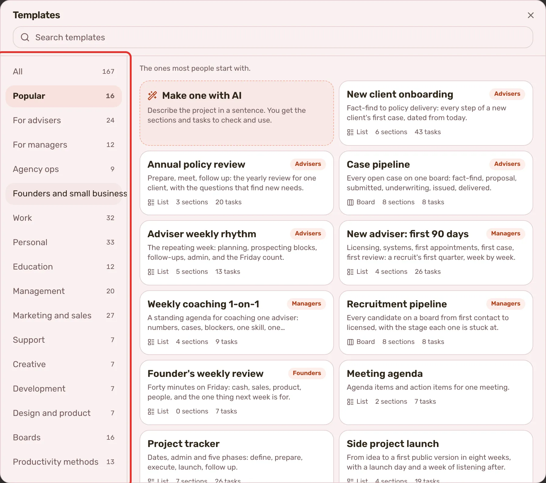 The Templates gallery with the categories outlined down the left, the search box above and a grid of template cards.