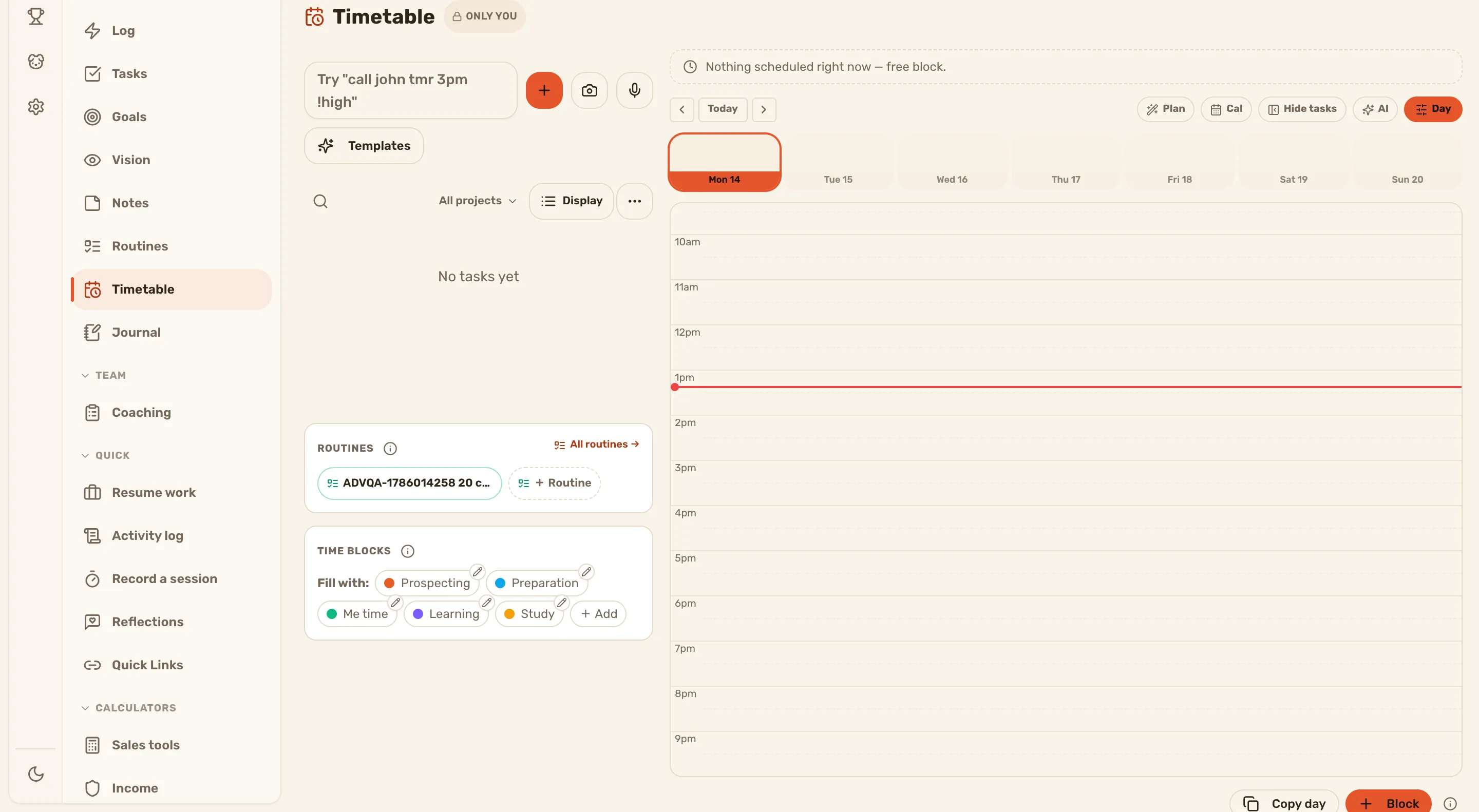 The Timetable with the capture card, the routines and the colour pills down the left, and the week grid beside them.