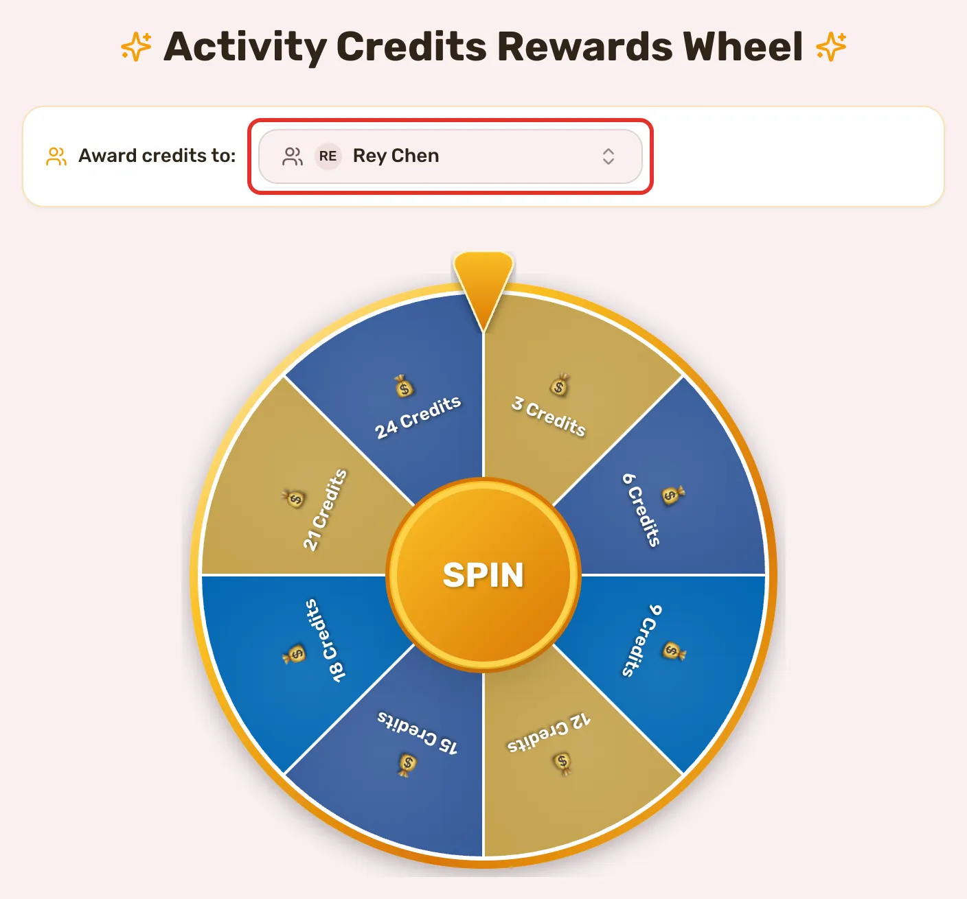 The Activity Credits Rewards Wheel with a team member picked beside Award credits to, outlined, and SPIN in the centre of the wheel.