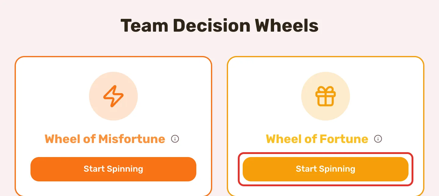 Team Decision Wheels with the Wheel of Misfortune and Wheel of Fortune cards, and Start Spinning on the Wheel of Fortune outlined.