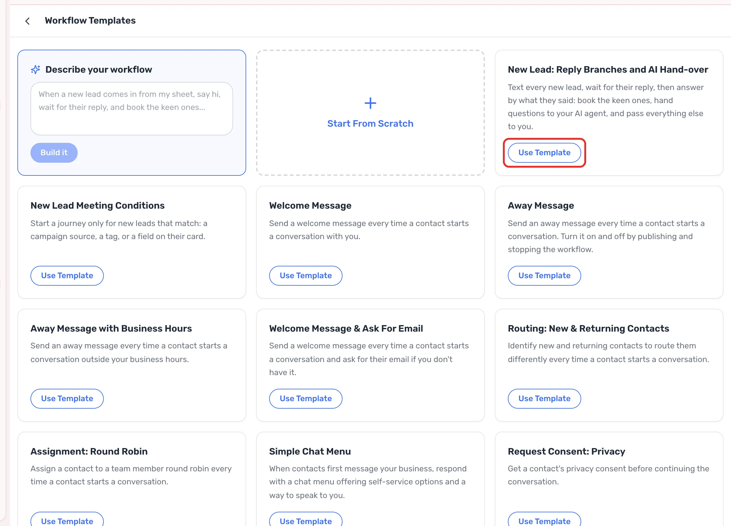 The Workflow Templates gallery with the Describe your workflow card first, Start From Scratch beside it, and the template cards after them, with Use Template outlined on the first.