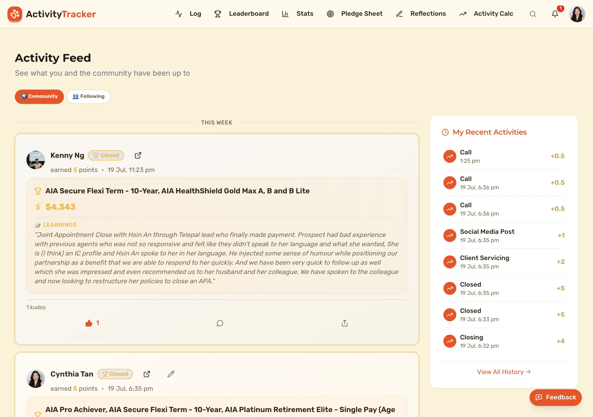 Team activity feed