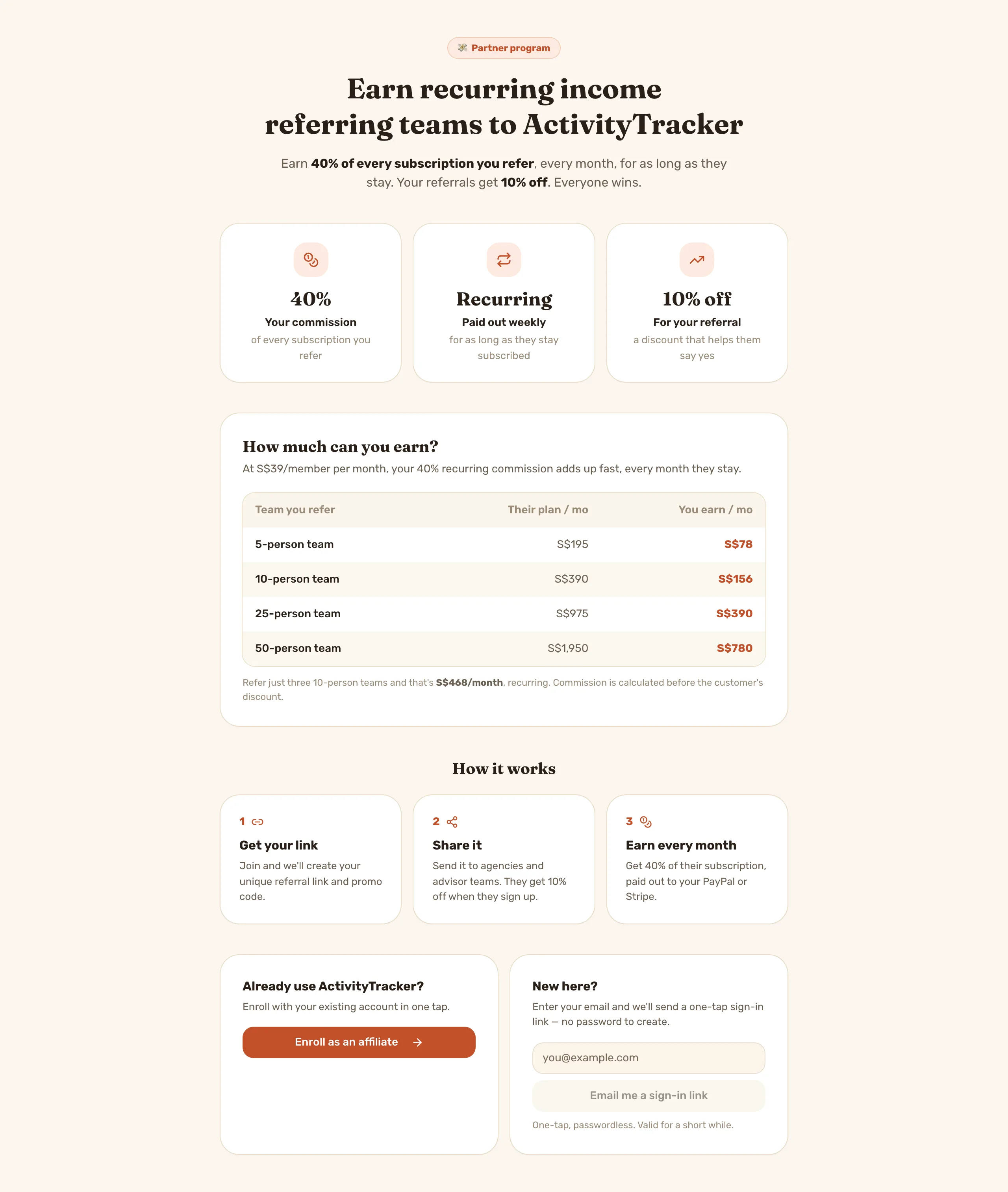 Affiliate earn page